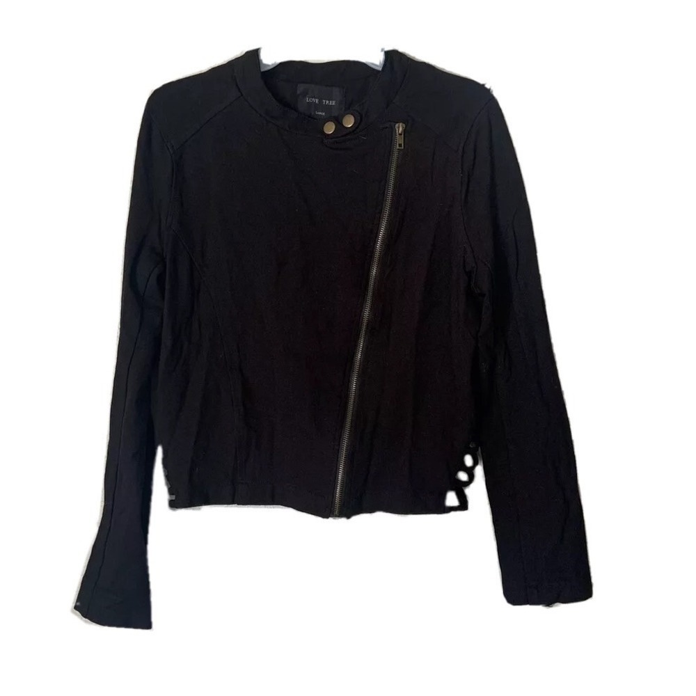LOVE‎ TREE Womens JACKET Size L BLACK WITH CUTOUT DETAILS BZ Moto